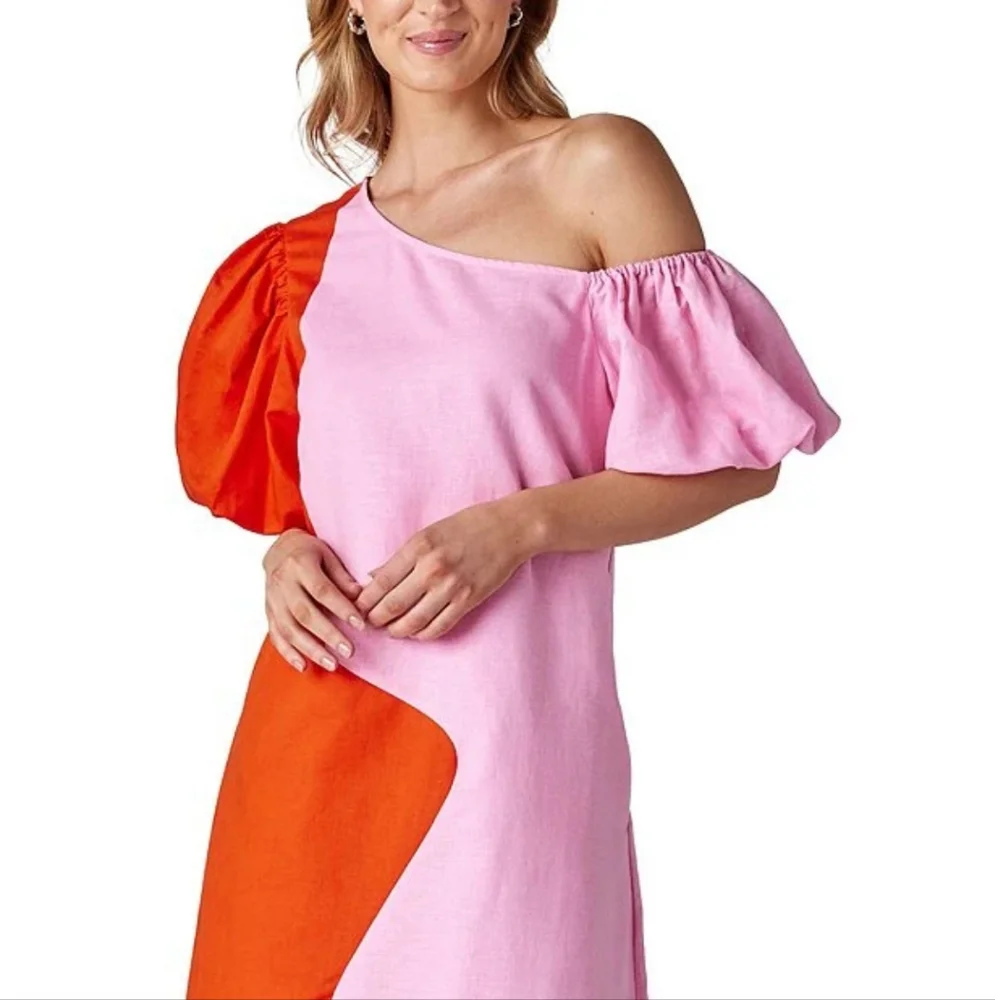 CROSBY by Mollie BurchLovett Colorblock Asymmetrical Neckline Short Puff Sleeve - Picture 3 of 11